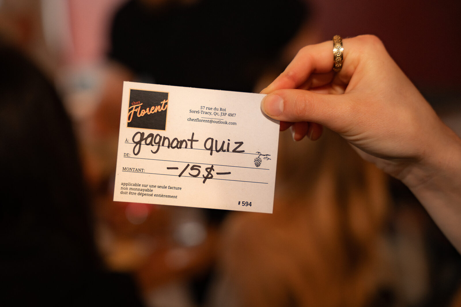 Une carte-cadeau gagnée lors d'un quiz Chez Florent